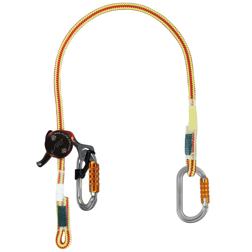 XP-e First Class Set via ferrata set with yellow-red rope and two carabiners, one carabiner with orange closure and one black belay device