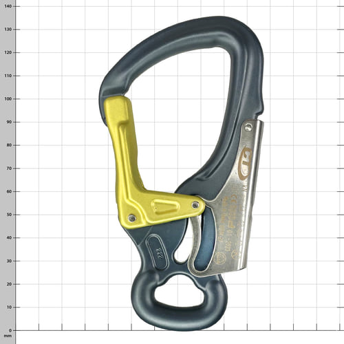 Ferrata DSG Snap Hook in Dark Grey with Yellow Safety Clasp and Silver Metal Part with Engraving