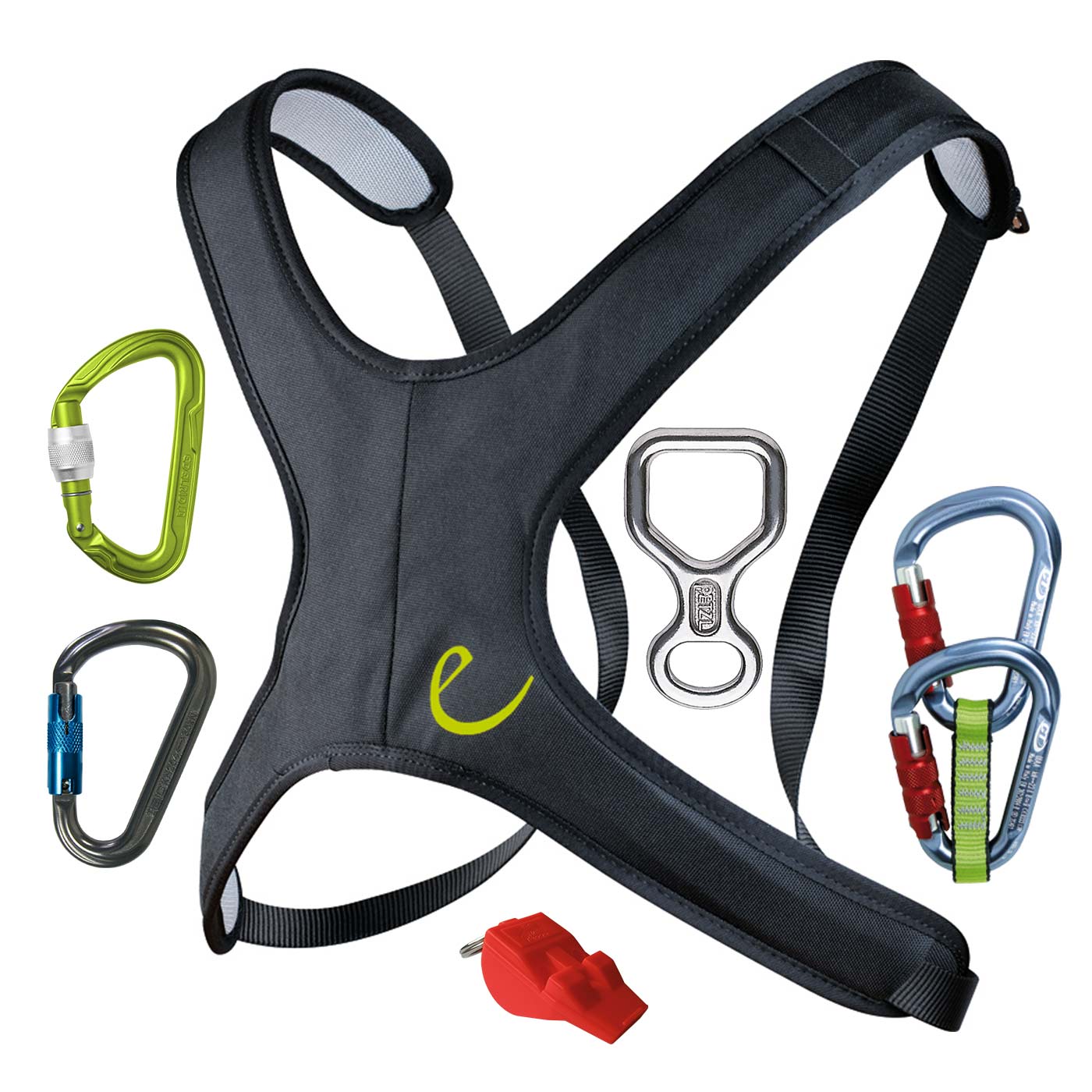 Rescue Agent Kit with black harness, green, gray and two blue carabiners, silver metal device and red plastic pipe attachment