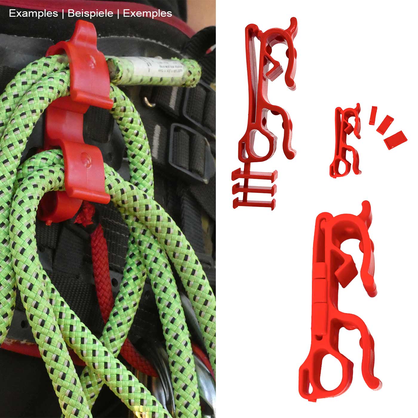 Buddy red plastic clip attached to a green rope hanging from black and red climbing equipment