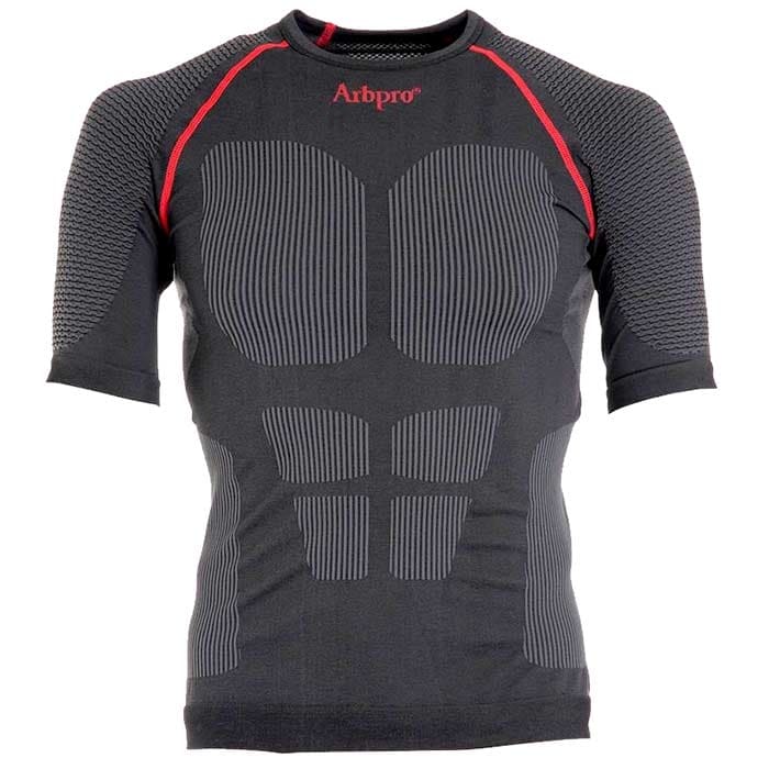Climb Tech Base Layer Shirt by Arbpro, black short-sleeved shirt with grey and red details and an Arbpro logo on the chest