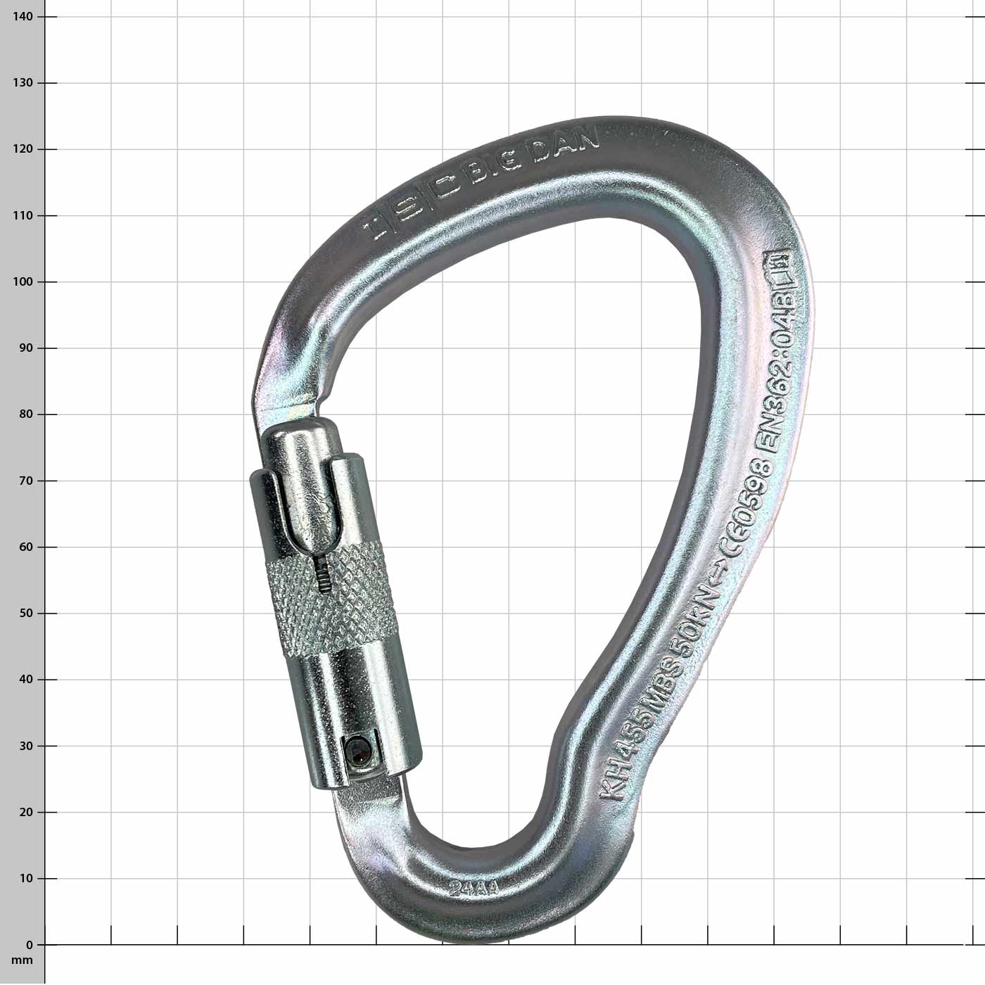 Big Dan Arborist Metal Snap Hook with Screw Clasp, Silver Tone, Against Checkered Background
