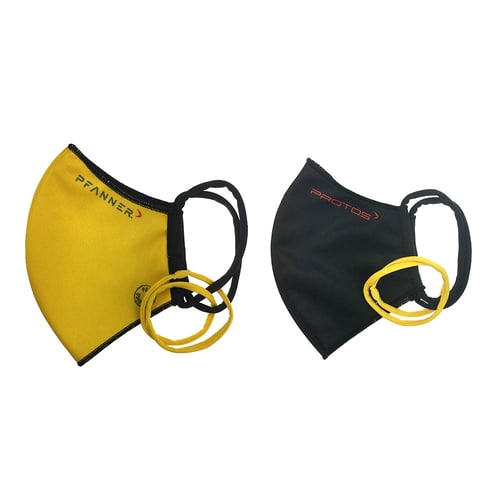 PFANNER® reversible mask in a double pack, one yellow with black rim and elastic band, one black with red PROTOS logo, both with two additional yellow elastic bands each