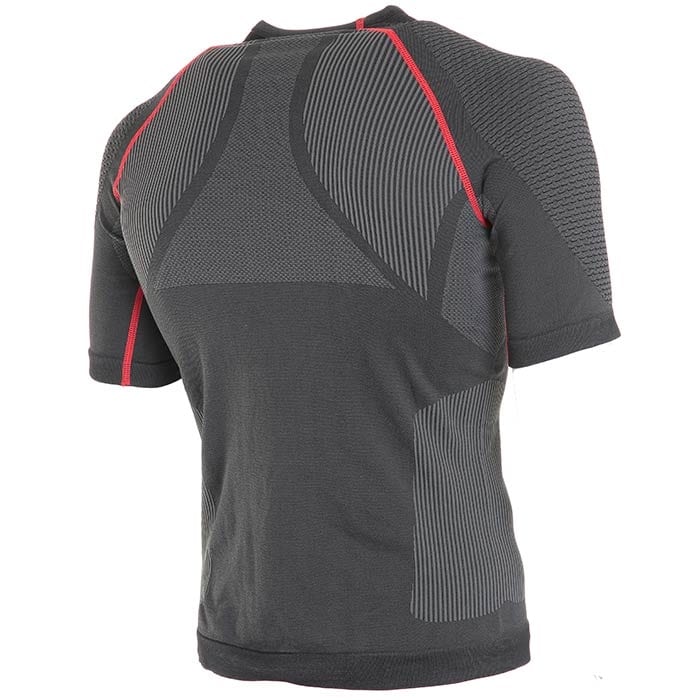 Climb Tech Base Layer Shirt by Arbpro, back of the black short-sleeved shirt with grey and red details without visible logo