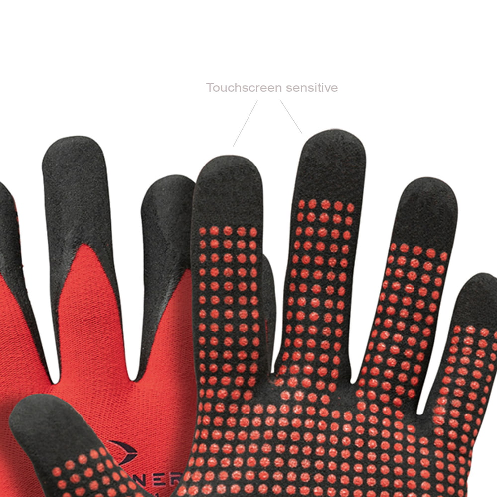 StretchFlex® Fine Grip work gloves from Pfanner, close-up of fingertips with red nubs and reference to touchscreen sensitivity