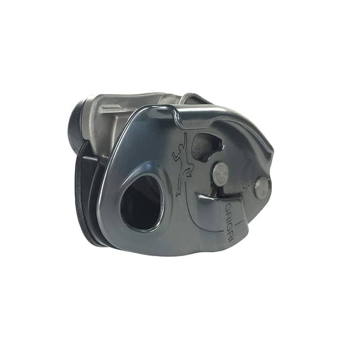 Grigri climbing frame by Petzl in dark metal with engraving of a climber, side view