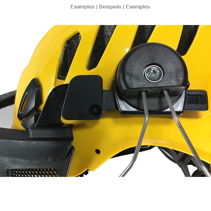 Detail of the attachment of the ECC mesh visor to a yellow helmet with black plastic and metal temples