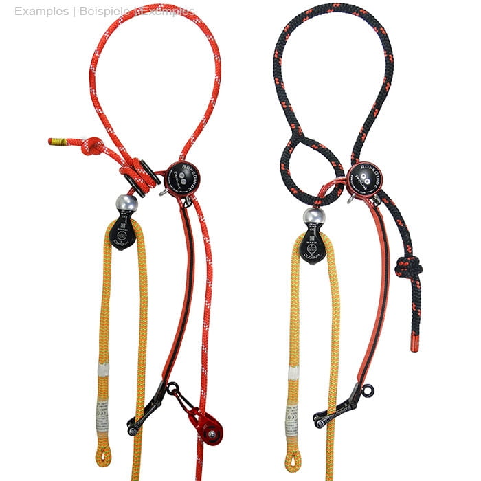 RopeGuide TwinLine with two variants, one with red and one with black rope, each with yellow rope, black and silver metal part, red pulley and black snap hook