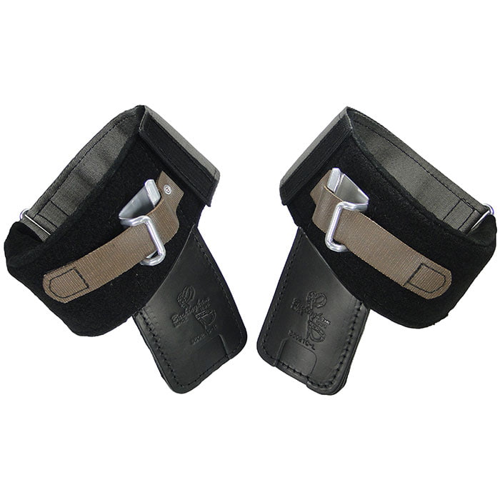 Wrap Pads Steel Buckalloy, Two Black Padded Wrist Straps with Gray Fabric, Metal Hooks and Black Leather Tabs with Logo and Text