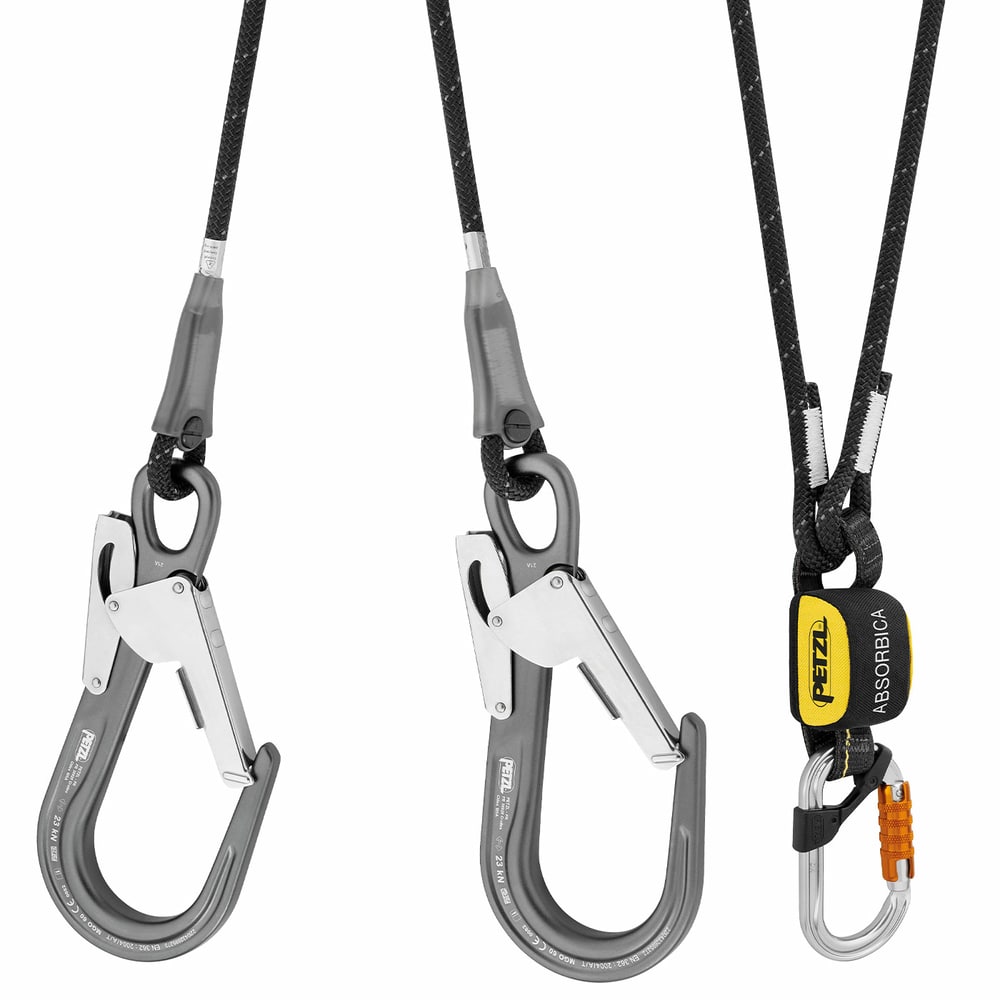 Close-up of the two grey carabiners with lever, black rope and a small silver carabiner with orange lock, part of the Absorbica-Y MGO by Petzl