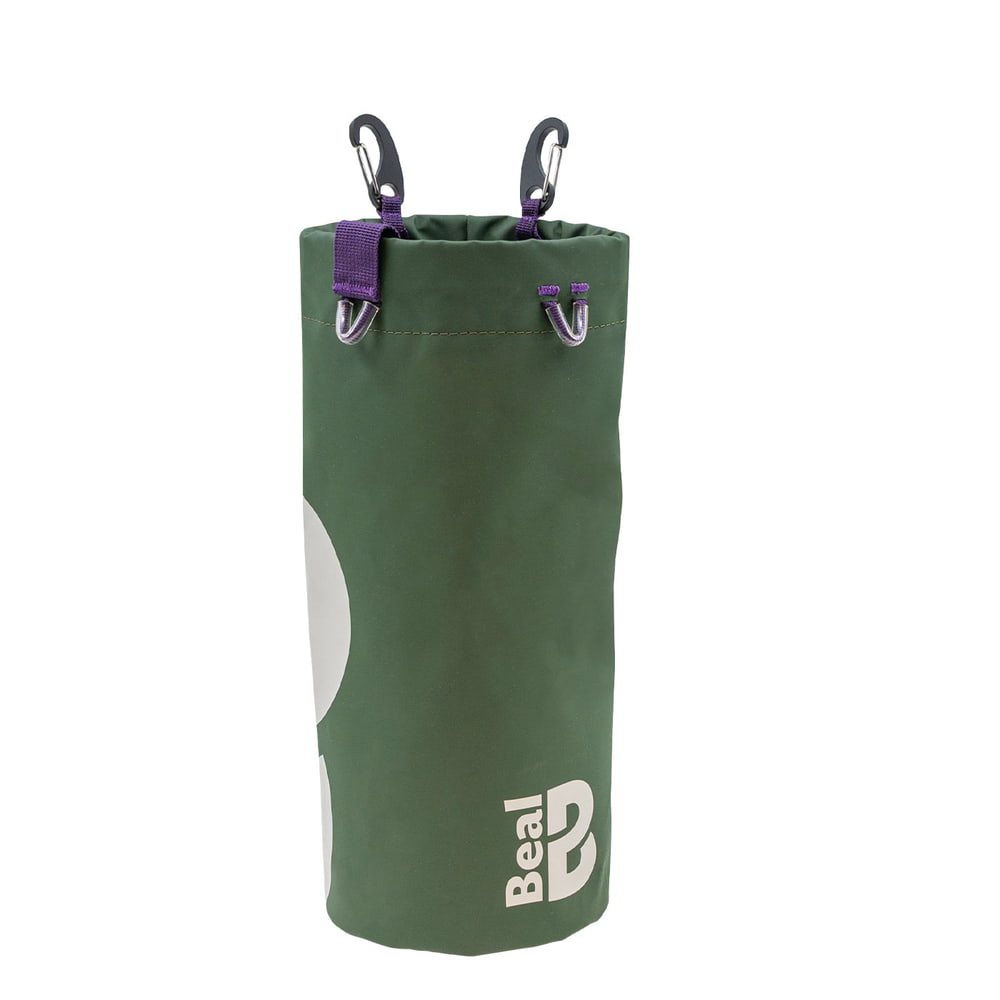 Tool Bucket L by Beal, green with white Beal logo, cylindrical with two black carabiners and purple loops at the top