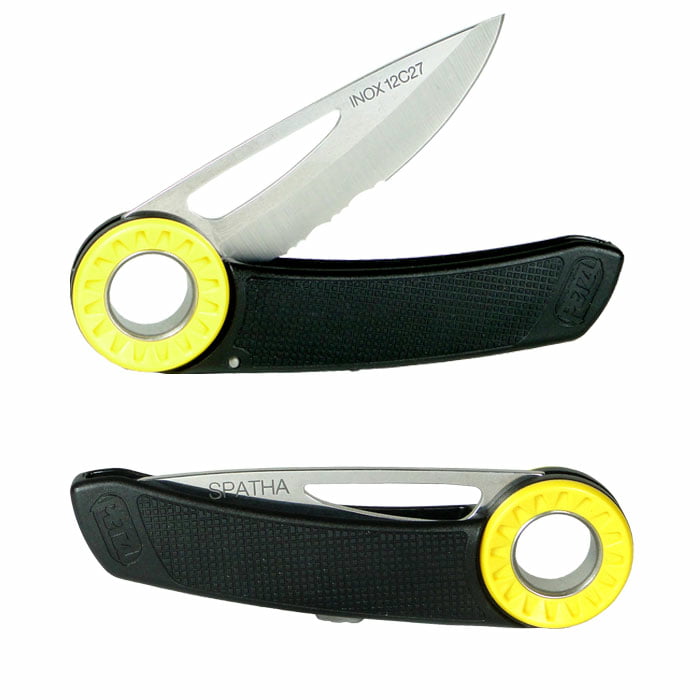 Petzl Spatha folding knife with black handle, yellow ring, partially serrated blade, blade with inscription "INOX 12C27" and "SPATHA", knife partially open and closed