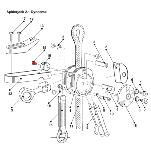 Technical drawing of the SpiderJack 2.1 Dyneema with numbered individual parts, including the red mounting screw for flange at position 15, shown in an exploded diagram