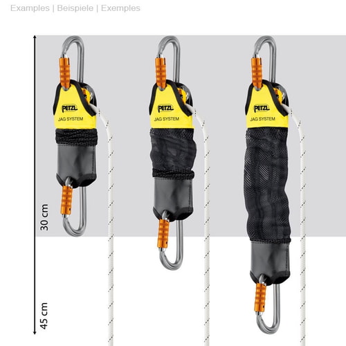 Three Petzl JAG systems side by side in different lengths with dimensions of 30 cm and 45 cm, each with white rope, yellow label, black mesh bag and two silver carabiners with orange clasps