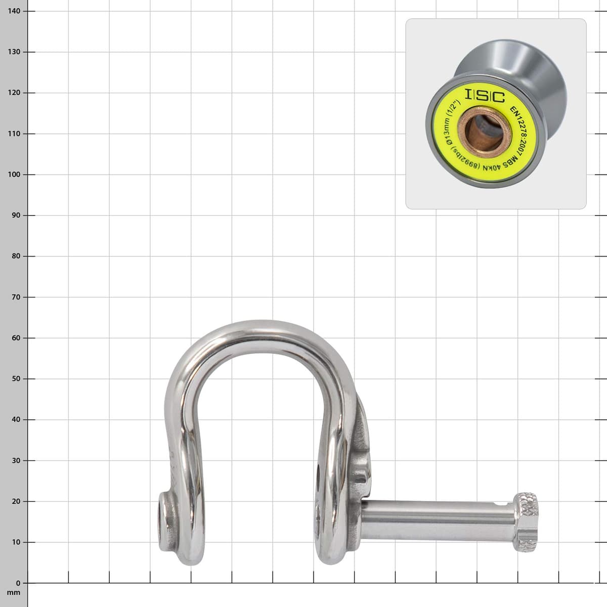 Ultra Link Small by ISC, a silver shackle with the bolt removed, next to it a close-up of the grey, drum-shaped roll with a yellow sticker