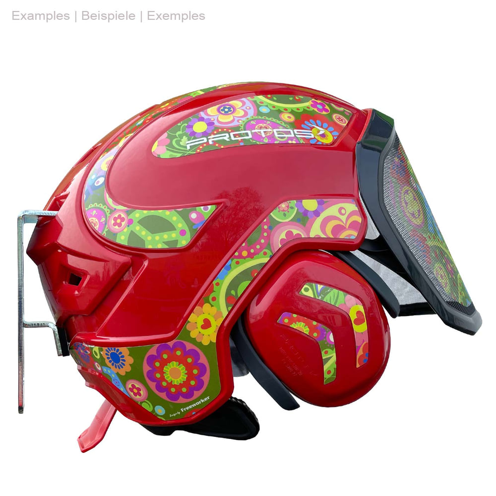Red PROTOS® helmet with colorful floral pattern and mounted silver PROTOS® wall mount, side view