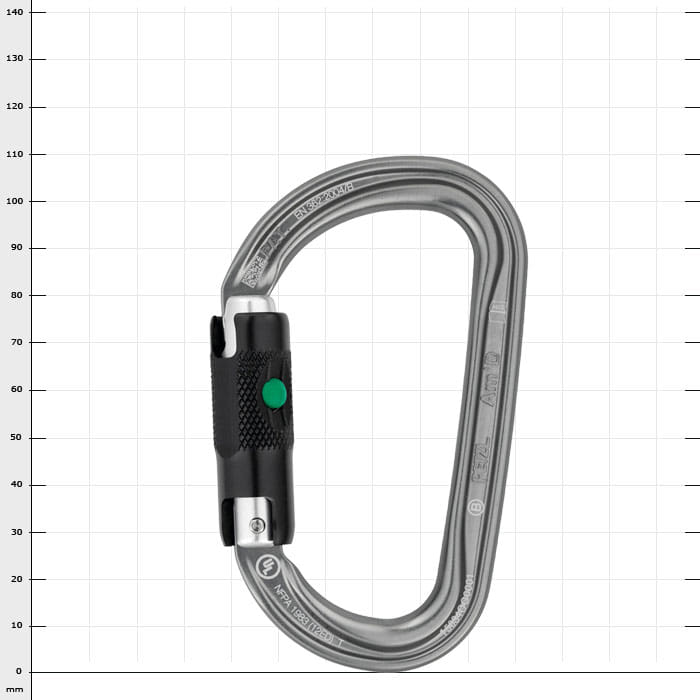 AM'D Ball Lock metal carabiner with black safety clasp and green button, manufacturer not visible