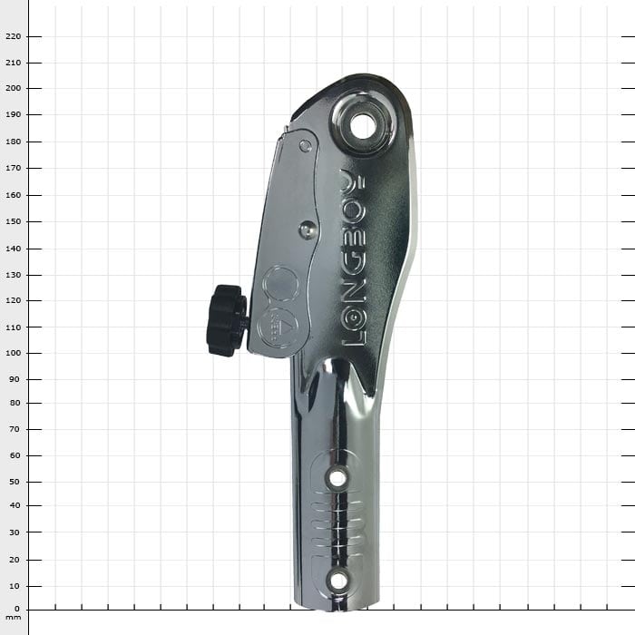 Longboy Grommet, Chromed Metal with Black Knob, on White Background with Grid Lines