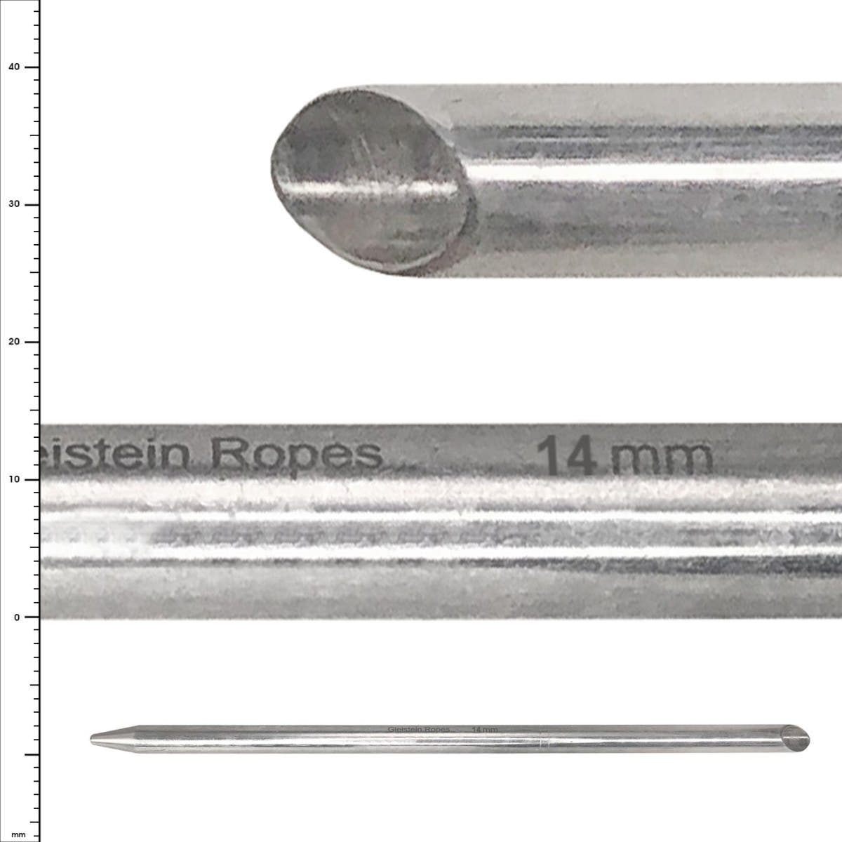 Fid 14 by Glinstein Ropes, a silver cylindrical metal rod with pointed end and engraving "14 mm" on the side