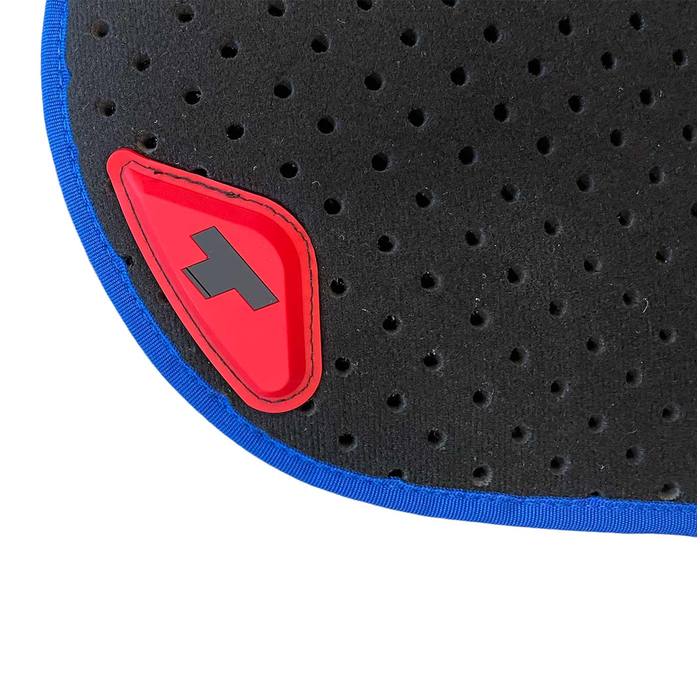 Close-up of a black perforated upholstery with blue border and red Treeleberger logo