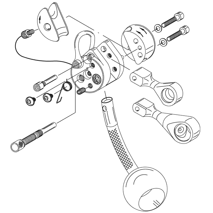 LockJack 2 Basic by ART, technical drawing with exploded representation of the individual parts including screws, levers, rope and wooden handle