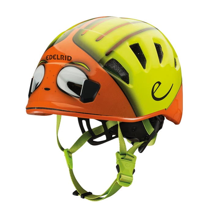 Kids Shield II children's helmet by Edelrid in orange and yellow with large white eyes at the front and green chin strap