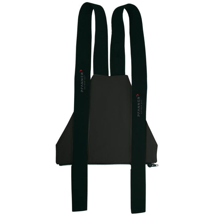 Zip bib in dark grey with black straps, manufacturer's name on the straps in white and red