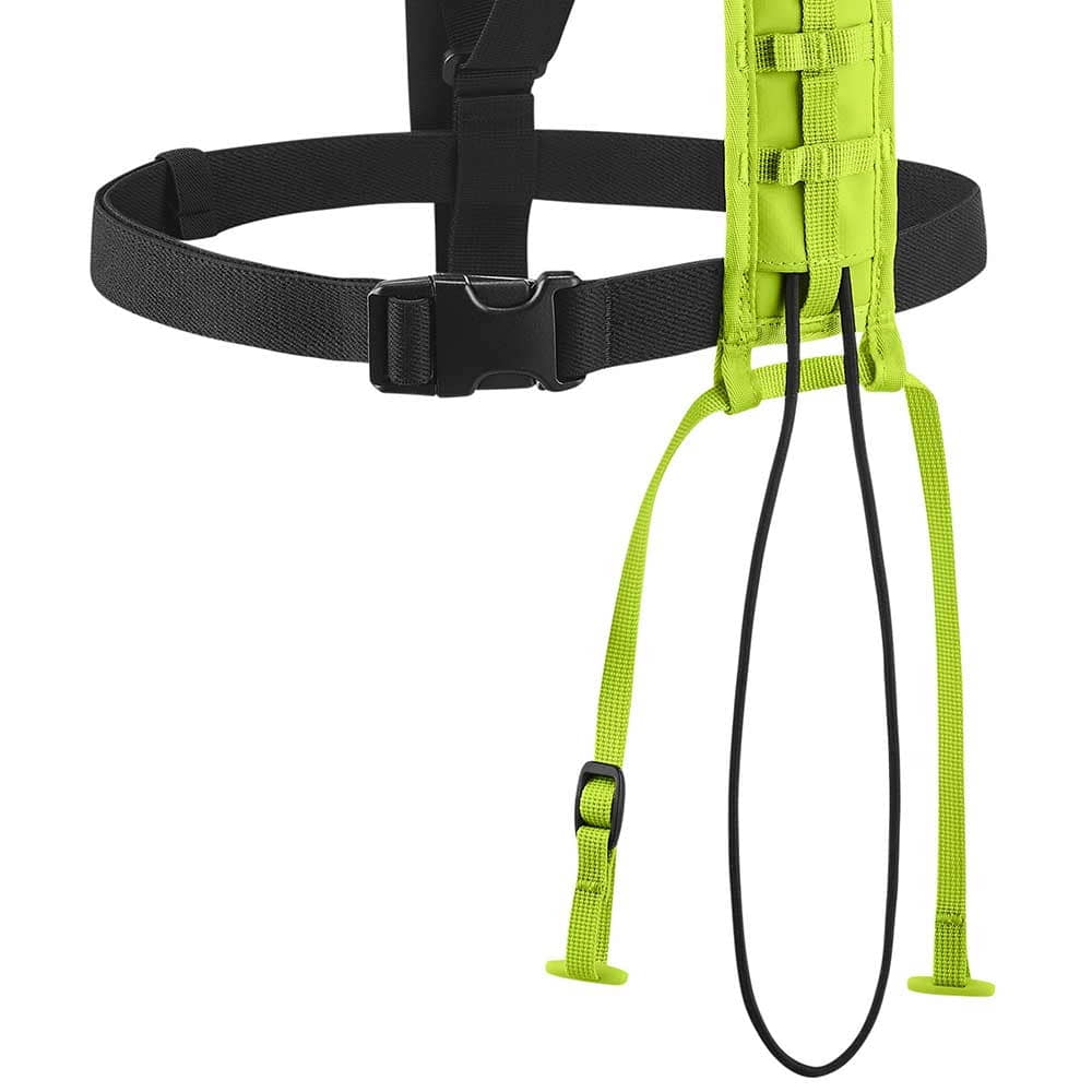 TreeRex Bungee Chest by Edelrid, close-up of the black buckle and the green and black elastic bands on the lower part of the strap