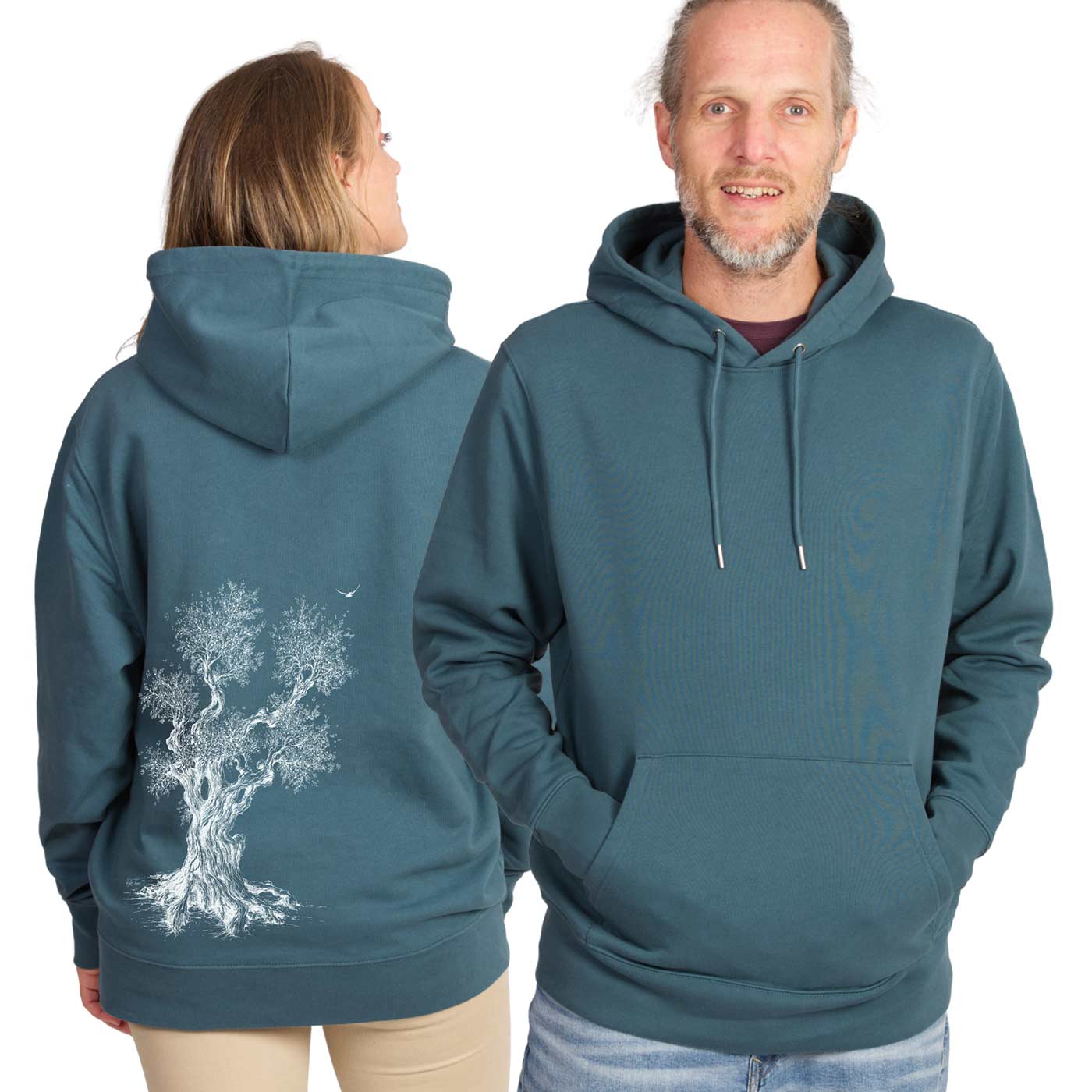 Olive Tree Hoodie in teal, simple front with hood and kangaroo pocket, worn by a man, worn in the back by a woman with white tree print on the back