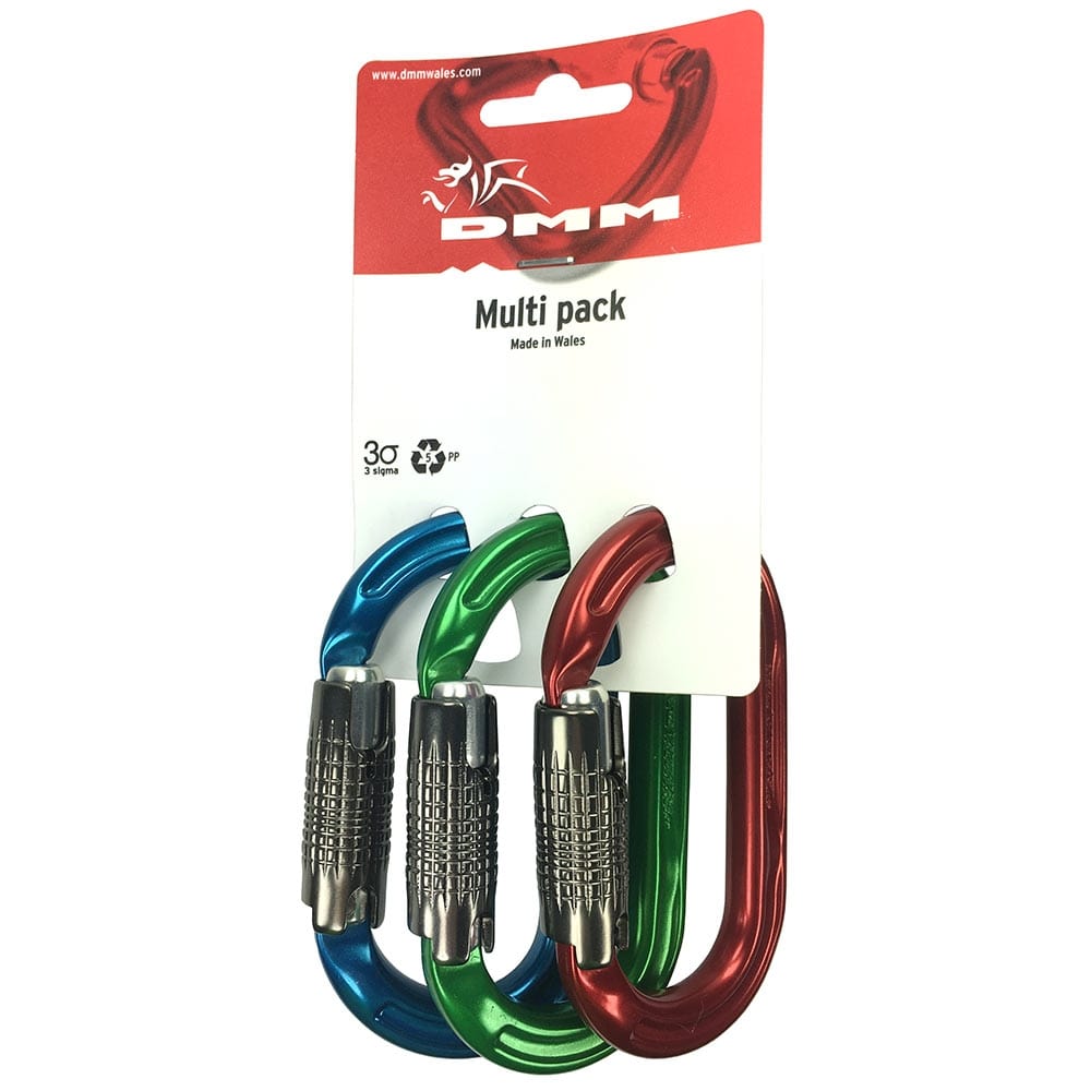 3 x Ultra O Color carabiners in blue, green and red with silver clasp, packed on a white cardboard box with red top area and DMM logo