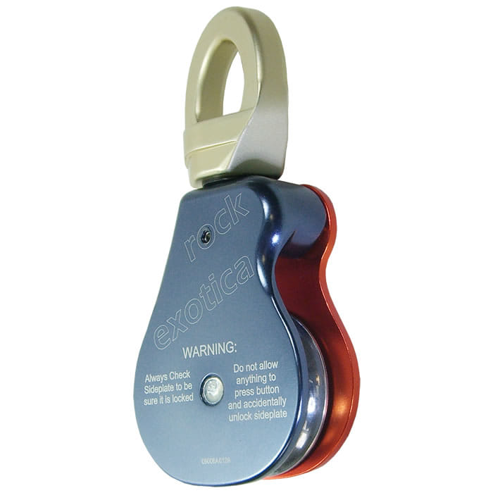 Omniblock 1.5 Single by rock exotica usa, back of the pulley in blue and red with large silver eyelet and warnings in white