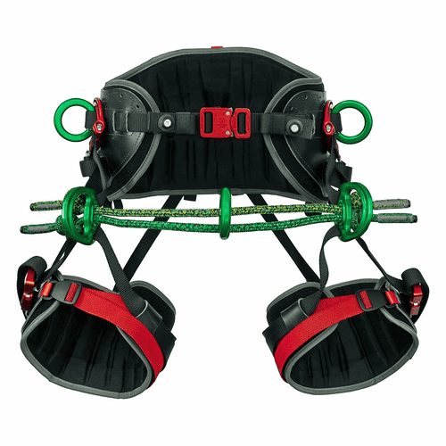Kinisi Pro Harness with Black Padded Waist Belt, Green Metal Rings and Red Buckles, Front View