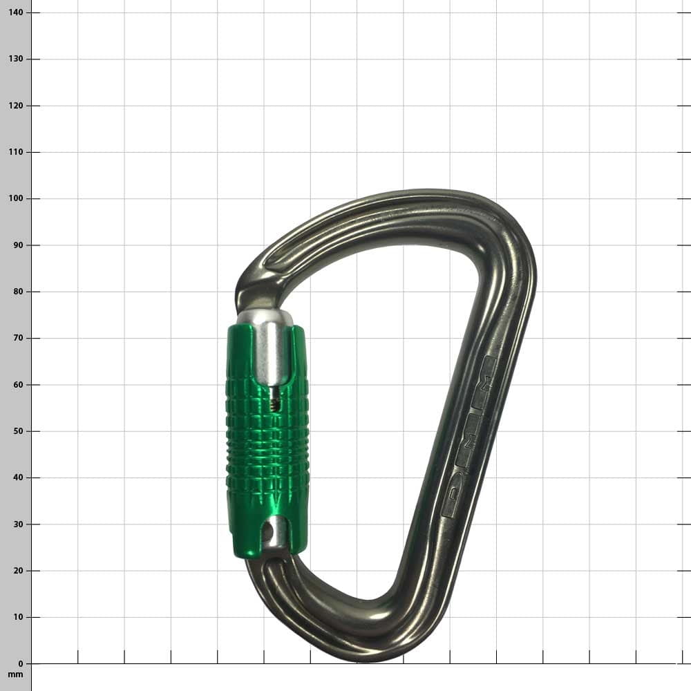 Shadow carabiner with green screw cap, manufacturer DMM, type not visible against white background with grid