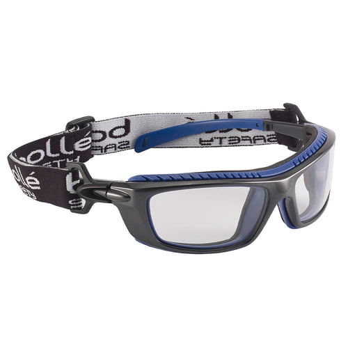 Bollé Baxter safety glasses with clear lens and black, blue frame and black headband with white lettering, view from the other side