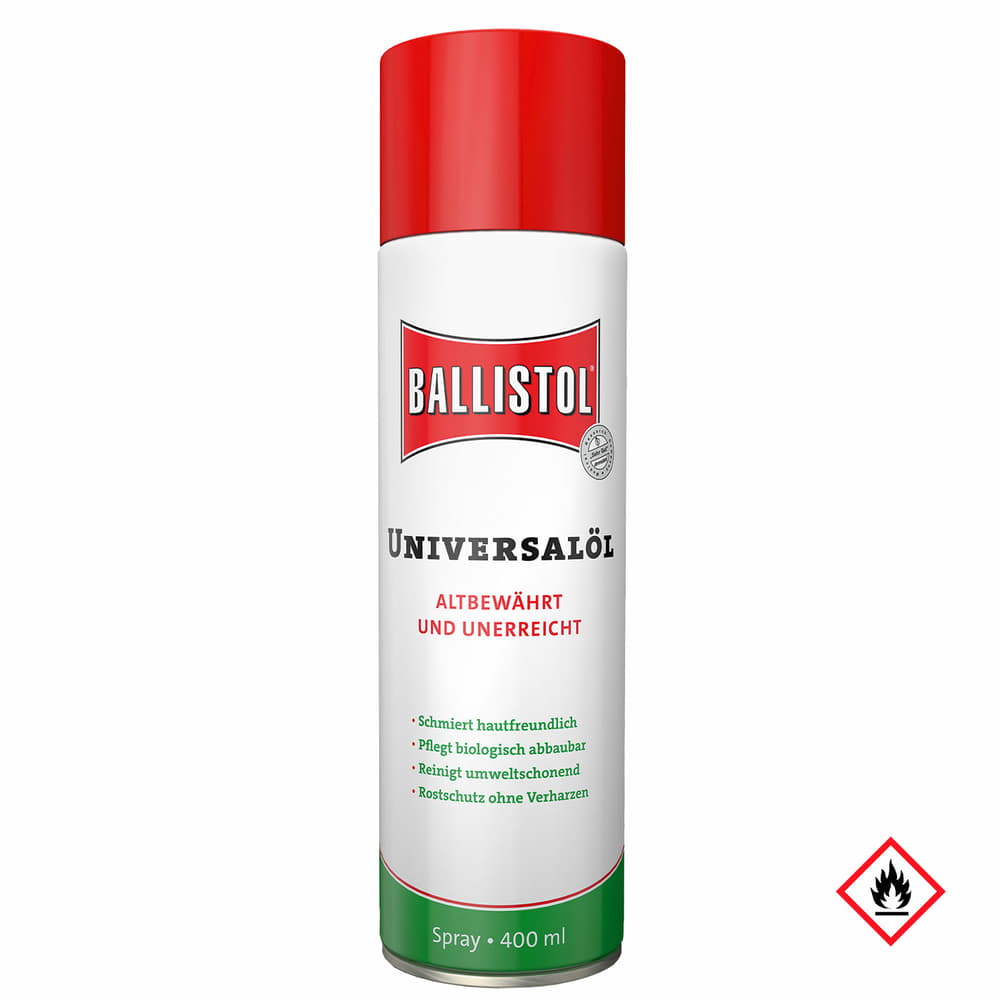 Ballistol Universal Oil Spray Can with red lid, white body and green lower area, on the front it says "Ballistol Universal Oil", "Tried and tested and unmatched", as well as other properties in green and red text, 400 ml content, manufacturer Ballistol, d