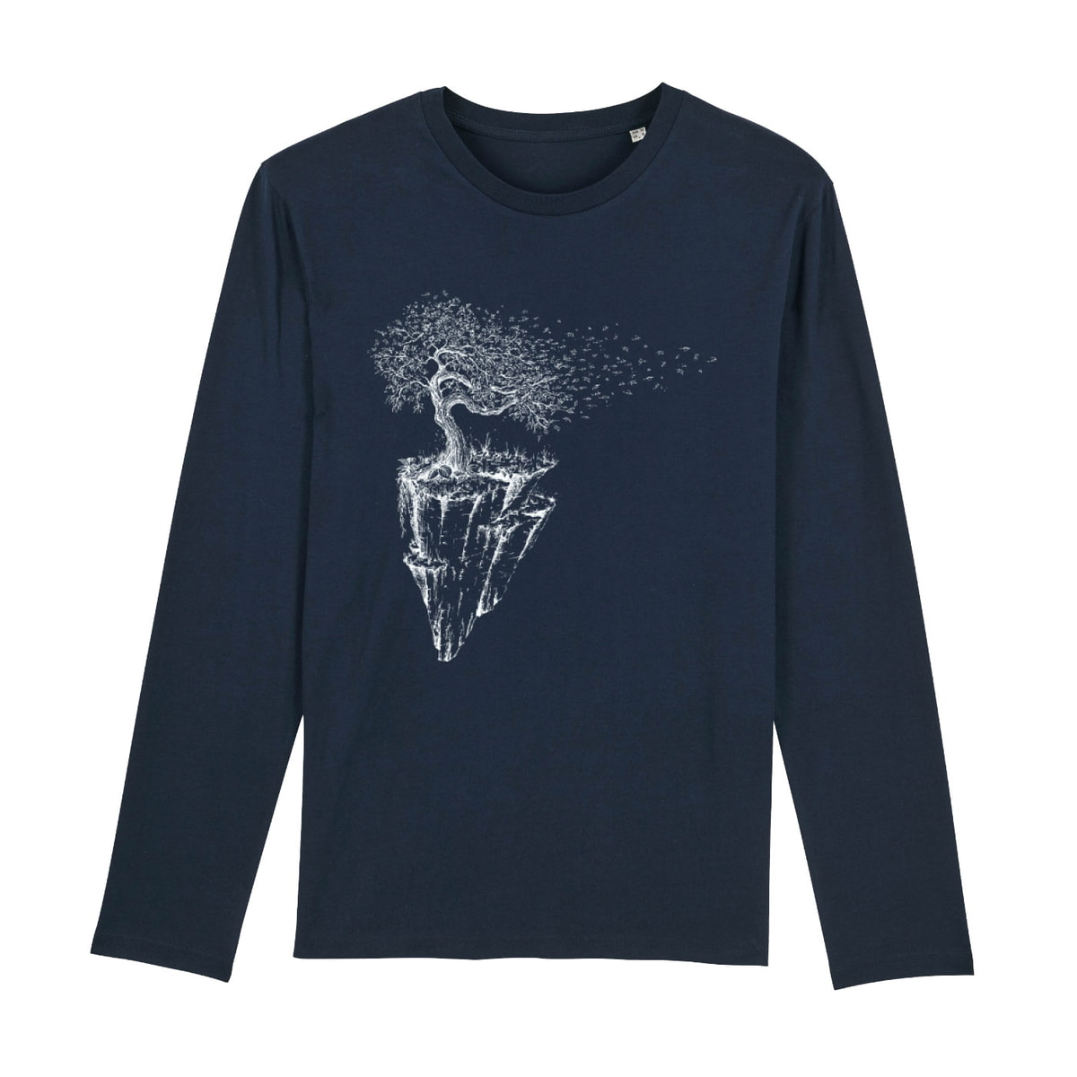 Iceland Longsleeve, dark blue long-sleeved shirt with white motif of a tree on a floating rocky island