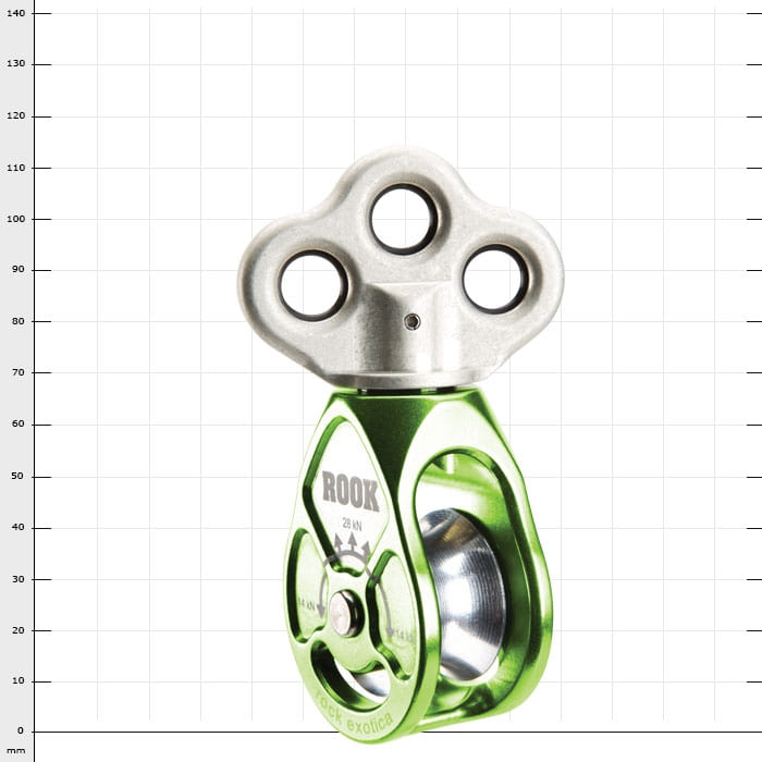 Rook rope pulley green and silver with three mounting holes at the top and inscription ROOK on the front