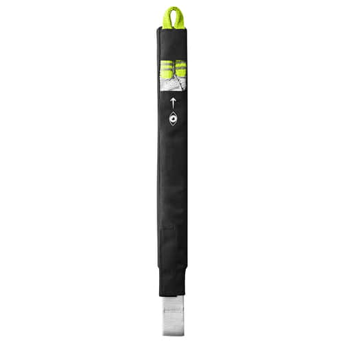 Defuser Rescue, black protective cover with yellow-green loops at the top and white ribbon at the bottom, arrow and eye as markings on the front, manufacturer's name not visible