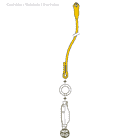 Drawing of a yellow belay device with rope, a ring and another part underneath, inscription in English, German and French Jane-I