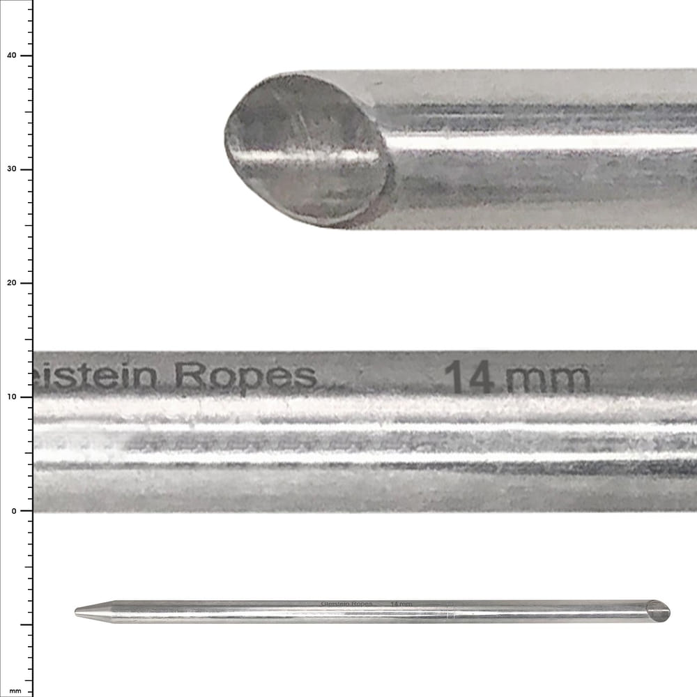 Fid 14 by Glinstein Ropes, a silver cylindrical metal rod with pointed end and engraving "14 mm" on the side