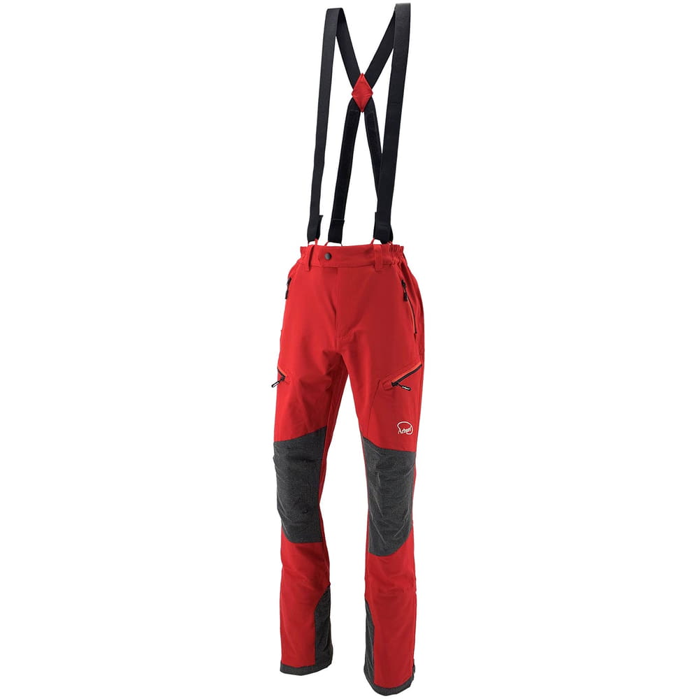 Climb Tech Delta Pants by Arbpro in red with grey knee and leg reinforcements and black zippers, including black suspenders