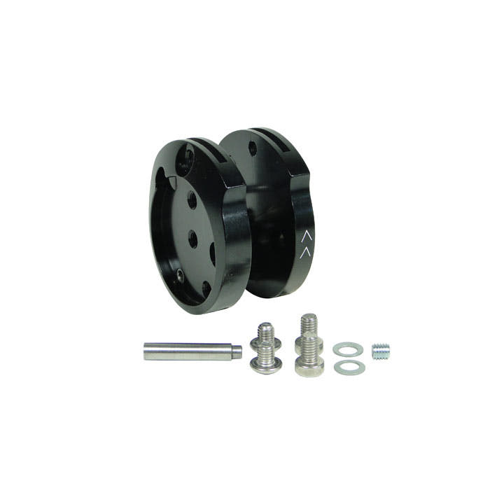 SpiderJack 2.1 device body black metal part with two screws, a metal rod, two washers and a small threaded insert