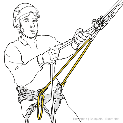 Drawing of a climber with Sequoia Bridge Adjust in yellow on a harness and helmet pulling on a rope