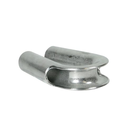 Stainless steel thimble 12 made of metal, lying flat with U-shaped opening, shiny silver