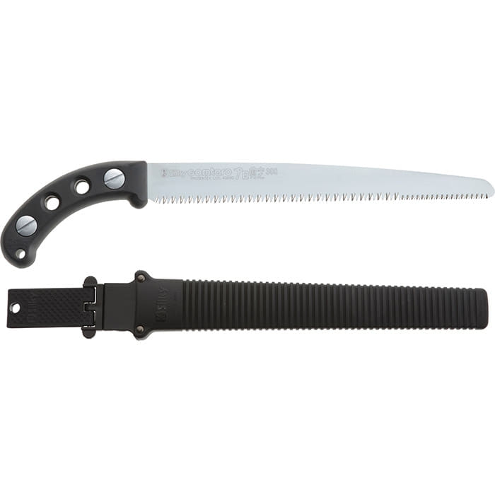 Gomtaro Pro Sentei 300-8-14 Hand Saw with Black Handle and Black Plastic Sheath, Manufacturer's Name Visible on the Blade