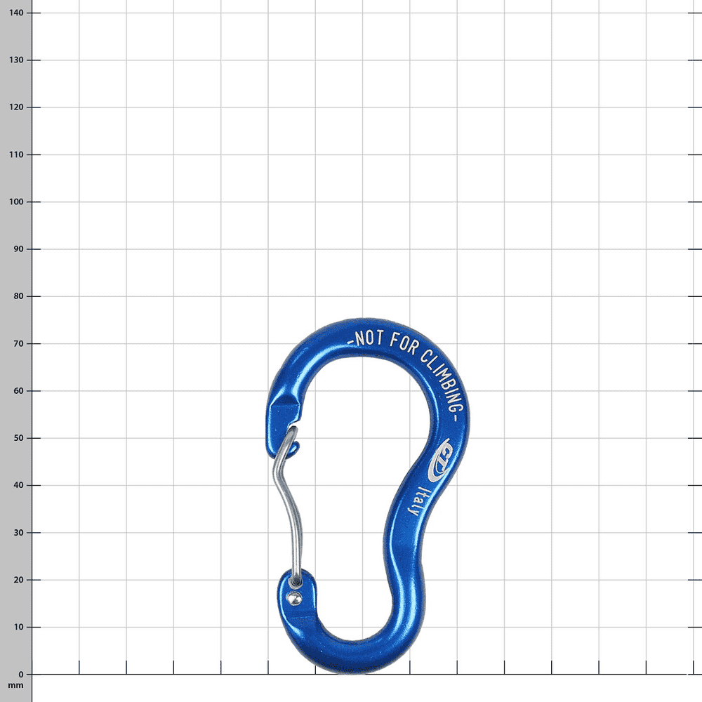 Key Wire blue snap hook with the inscription "NOT FOR CLIMBING" and "Italy" on a white grid background
