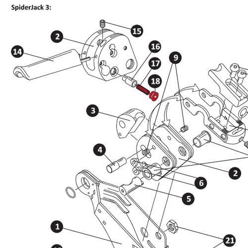 SpiderJack 3 spring, technical drawing with numbered items and arrows representing an assembly