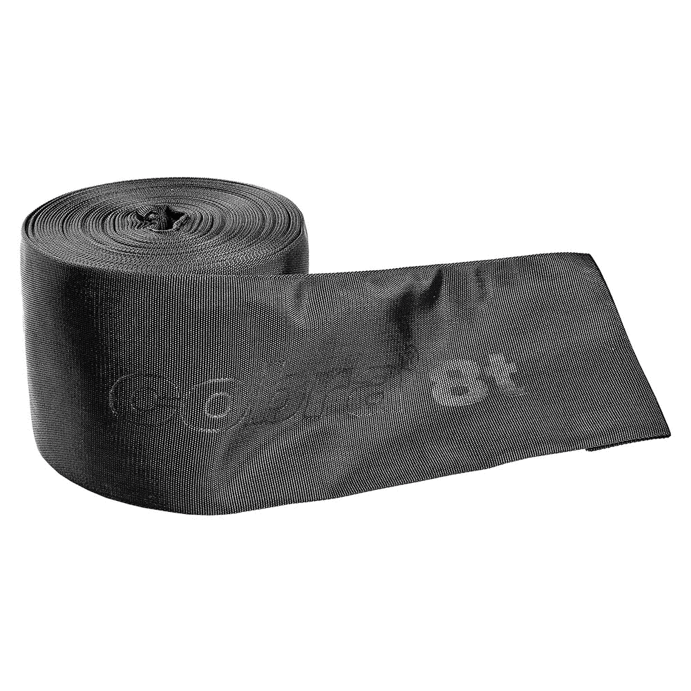 Black, rolled-up cobra 8 t abrasion protection made of woven material