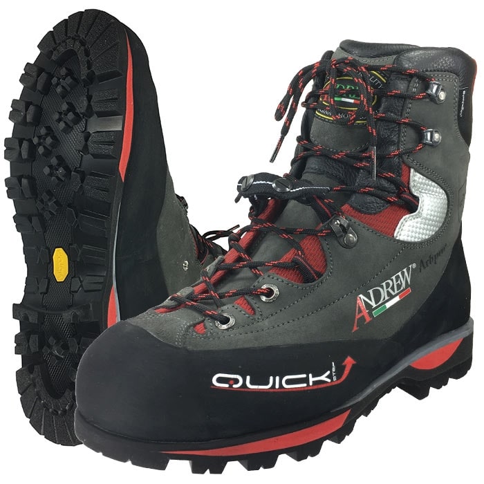 Andrew Quickstep hiking boots in grey and red with black sole, visible "Andrew" and "Quick" lettering on the side