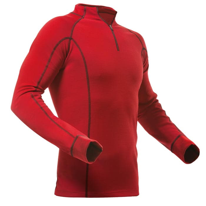 Merino modal shirt long sleeve in red with half zip and dark seams